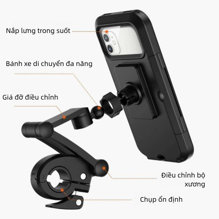 Giá đỡ điện thoại xe máy chống thấm nước cao cấp，Chiều cao có thể được điều chỉnh theo ý muốn và nó có thể xoay 360 độ.