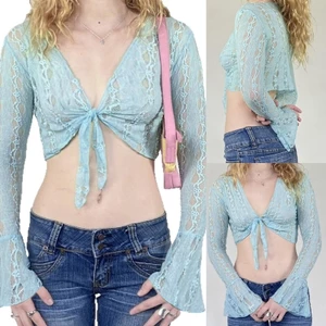 PCF * Thanh Lịch Ren Hoa Shrug Chống Nắng loe Tay Áo Mùa Hè Dây Buộc Mặt Trước Màu Trơn Crop Cardigan Cho Wo