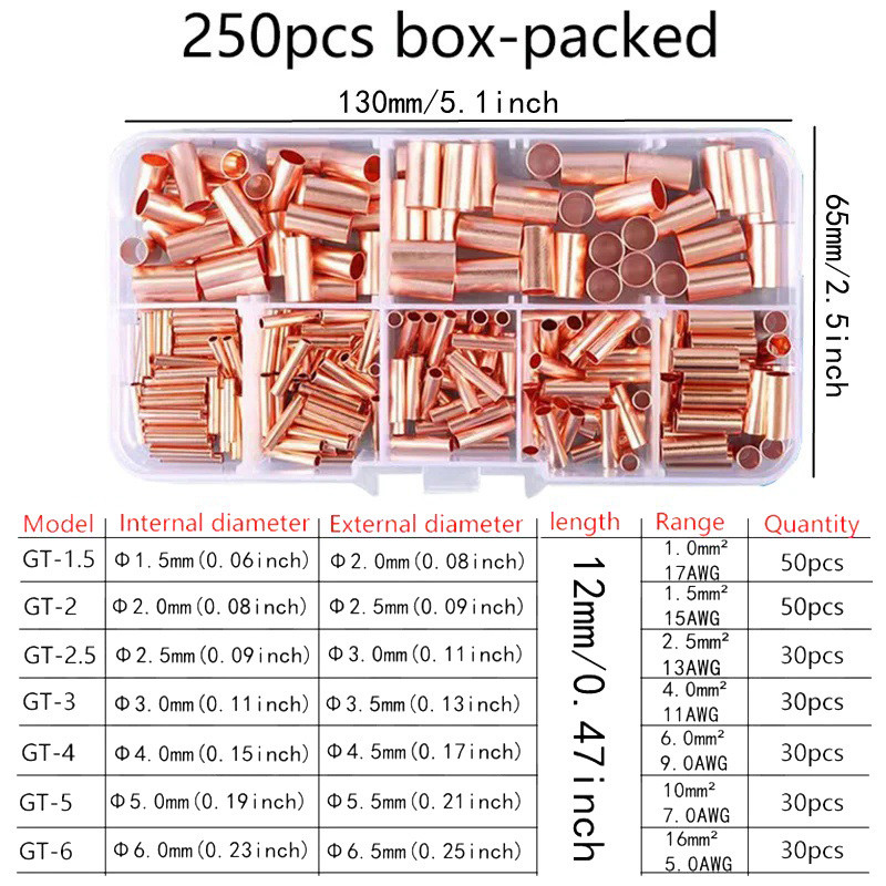 Hộp 250 Đầu Cos Đồng V-5.5 Dùng Cho Dây Điện 1-6mm, Nối Nhanh, Dẫn Điện Tốt