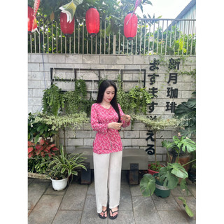 set bà ba cổ tim nút bọc dài tay, đồ bộ gấm lụa nữ