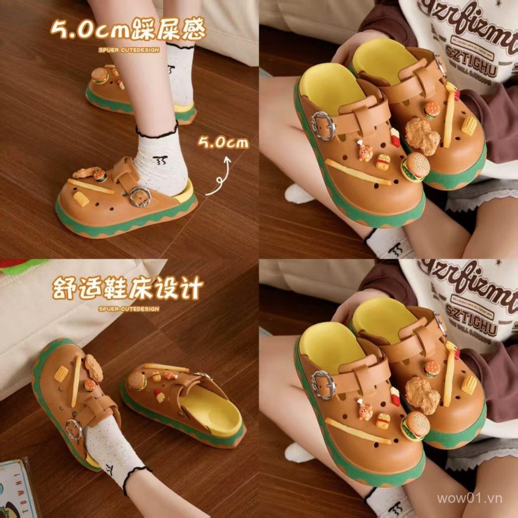Ưu đãi đặc biệt trong thời gian có hạn Người ảnh hưởng Burger diy Birkenstock Giày có lỗ Giày nữ Mùa hè Mặc ngoài bờ biển Chống trượt Baotou Nửa dép xoay
