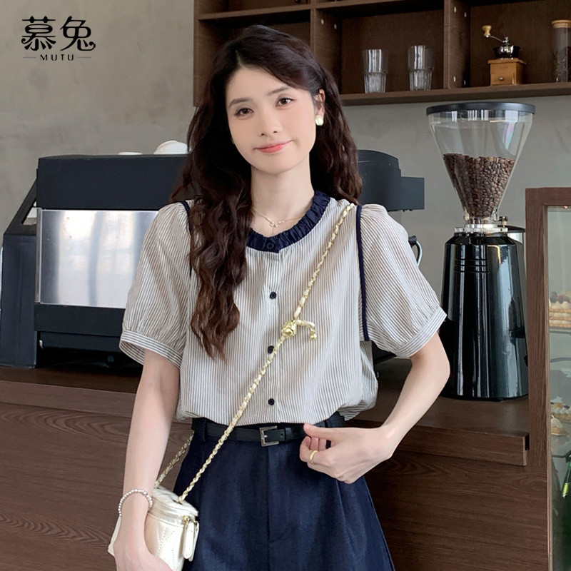 Mutu Phong Cách Pháp Phong Cách Chanel Sọc Cổ Tròn Tay Ngắn Nữ Mùa Hè 2026 Phong Cách Mới Màu Khóa Thiết Kế Niche Lỏng Lẻo Ôm Hơn Nhìn Top