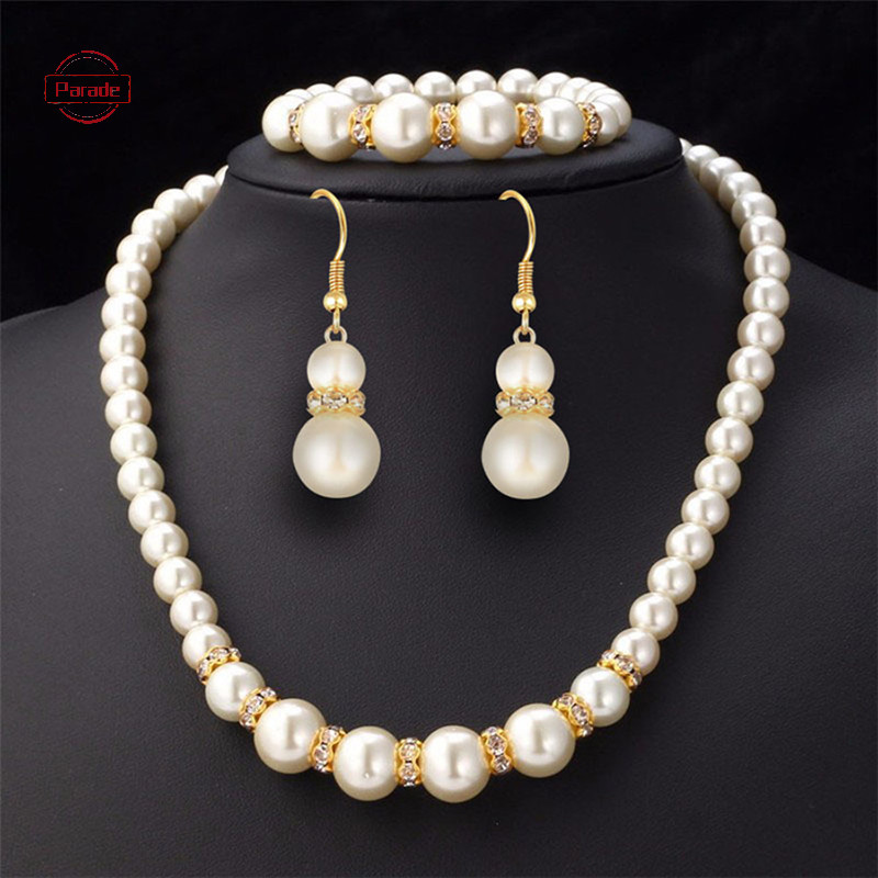 Parade 3in1 Bộ Thanh Lịch Mô Phỏng Vòng Cổ Ngọc Trai Bông Tai Vòng Cổ Dài Nữ Cô Dâu Cưới Trang Sức Quà Tặng VN