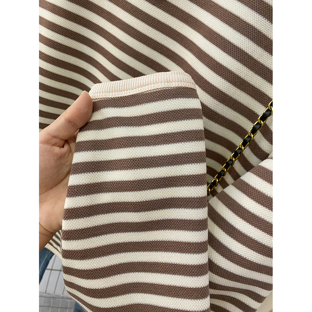 SUXI Cotton Retro Sọc Rời Thu Đông Mới Cổ Tròn Dài Tay Áo 240809