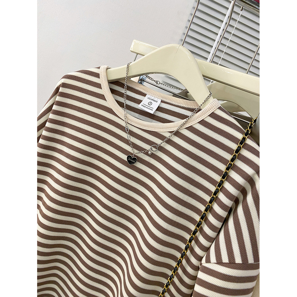 SUXI Cotton Retro Sọc Rời Thu Đông Mới Cổ Tròn Dài Tay Áo 240809