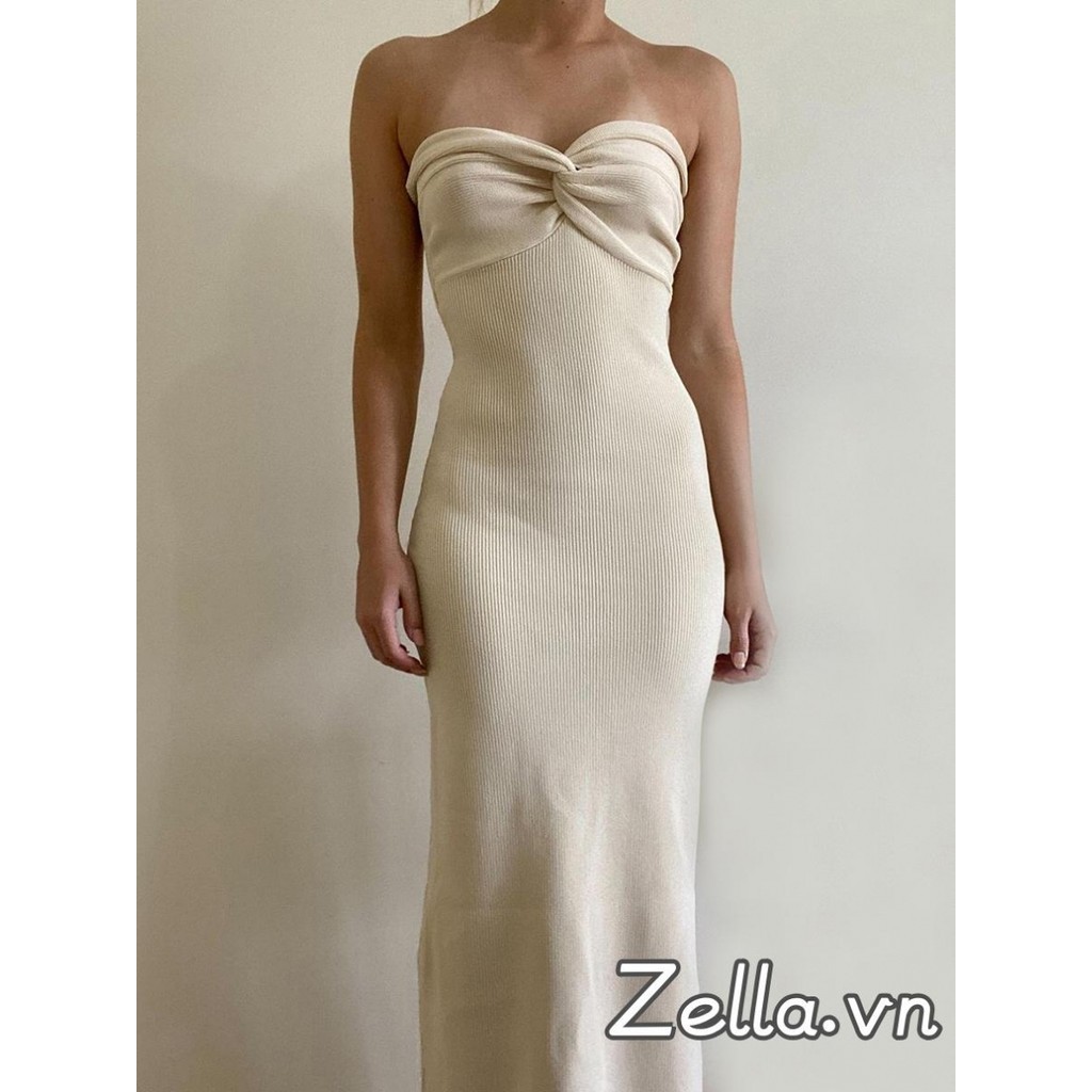 Phụ nữ có gân Đan Bodycon Đầm lệch vai Twist Nút thắt phía trước Váy ống Maxi