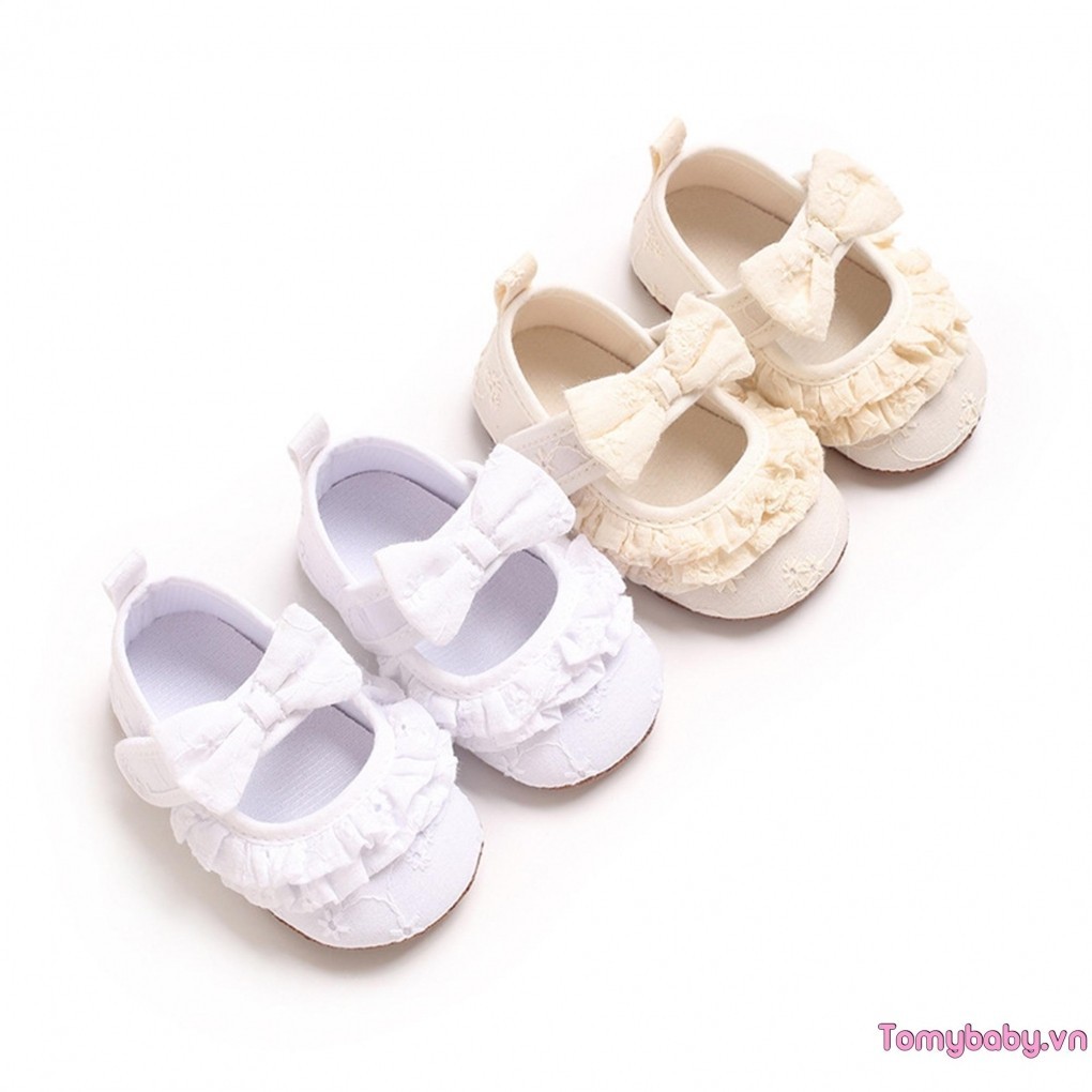 Trẻ Sơ Sinh Bé Gái Đế Bằng Ren Dễ Thương Nơ Đế Mềm Prewalker Chống Trơn Trượt Đầu Tiên Giày Tập Đi