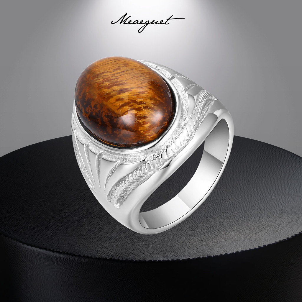 Meaeguet Vintage Hổ Mắt Đá Nam Nhẫn, Nhẫn Thép Không Gỉ Hình Bầu Dục Cổ Điển Nhẫn Lớn Punk Hip Hop Trang Sức