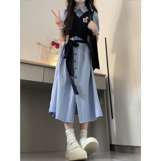 Bộ đồ / một mảnh nữ sinh viên tay phồng sọc cổ POLO cổ áo sơ mi ngắn tay + Áo Vest phong cách Preppy 8.26