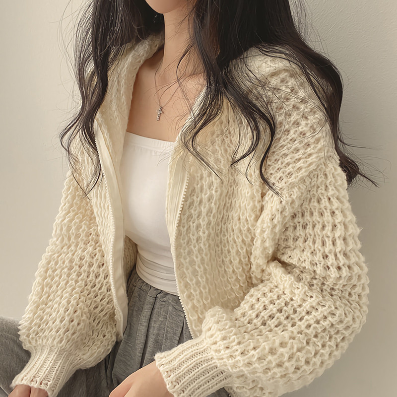 Suxi Hàn Quốc Sang Trọng Dệt Kim Mùa Thu Mới Có Mũ Trùm Đầu Dài Tay Dây Kéo Dệt Kim Cardigan 240906