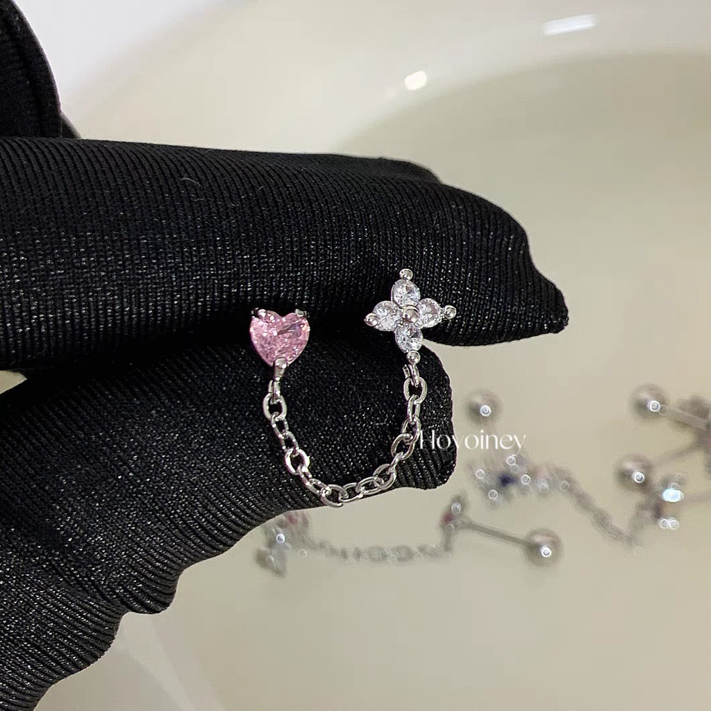 Đôi lỗ tai chuỗi xương tai màu hồng tình yêu Zircon đinh xương bằng thép Titan xoắn ốc thiết kế cảm giác bông tai thích hợp Bông tai