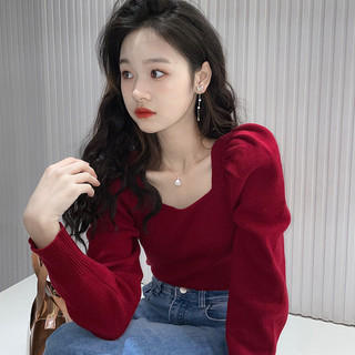 Áo mặc trong tay phồng cổ vuông màu đỏ áo len dệt kim xương đòn phong cách Hàn Quốc mùa thu đông cho nữ