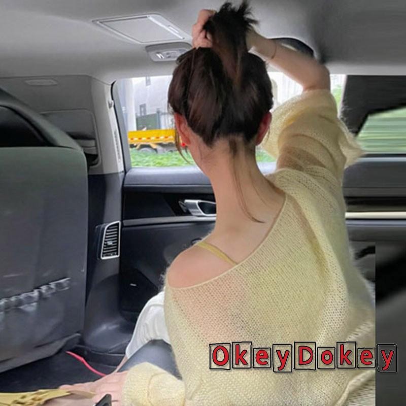 Okdk-nữ Mùa Hè Nhẹ Dệt Kim Áo Màu Trơn Dài Tay Muỗng Cổ Rỗng Ra Sheer Áo Len