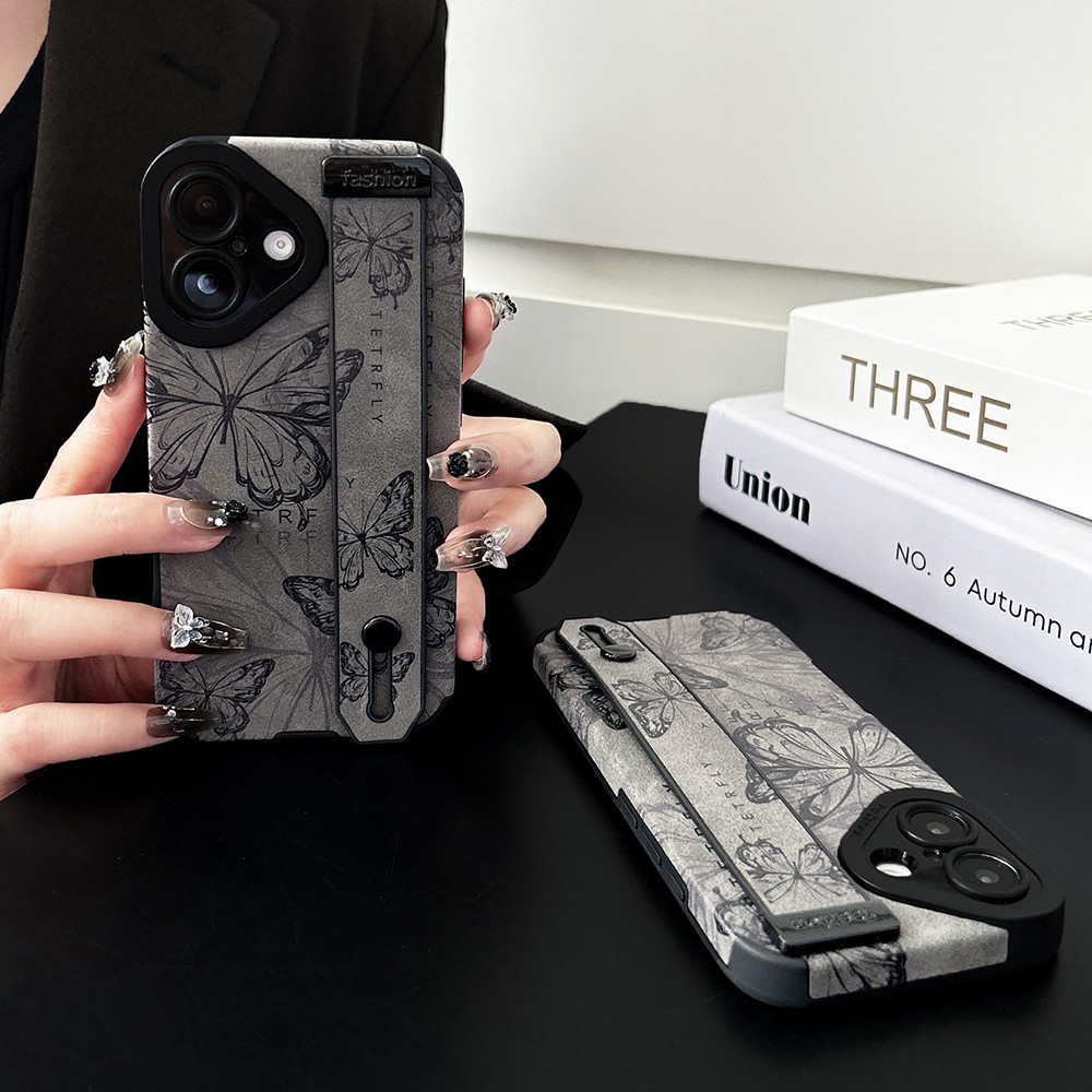 Dây đeo cổ tay Vỏ điện thoại da bướm cho iPhone 17 Pro Max 16 Plus 15 14 13 12 11 Vỏ bảo hiểm toàn diện Vỏ bảo vệ chống sốc