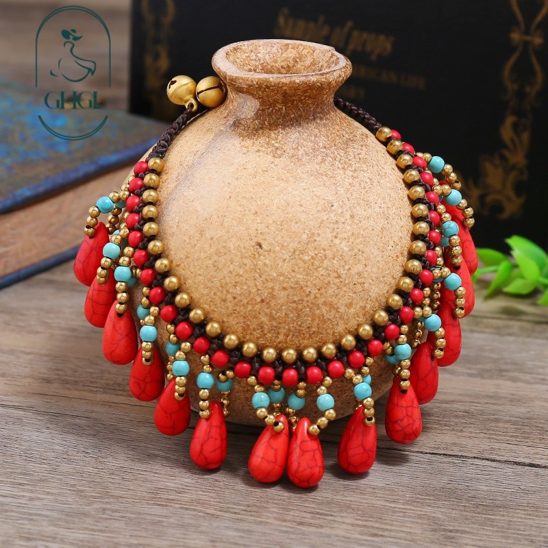 Ghgl❤️Bohemian Phong Cách Dân Tộc Vòng Cổ Nữ Xương Đòn Dây Xích Xanh Đỏ Xanh Ngọc Tua Rua Cổ Ngắn Vòng Chân Bộ Kỳ Nghỉ