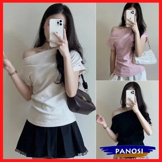 Áo trễ vai tay ngắn áo thun nữ phong cách tiểu thư thiết kế cánh rơi nhún eo điệu đà chất lông thỏ cao cấp A383-PANOSI