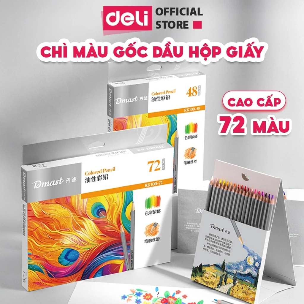 Màu Chì Gốc Dầu Cao Cấp Dmast Deli Bút Chì Màu Hộp Giấy 36/48/72 Màu Lõi Chì Dày Vẽ Tranh Tô Màu Chu