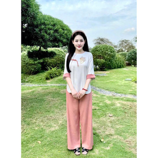 set lụa hàn tròn nơ thêu tâm, pháp phục nữ đi chùa