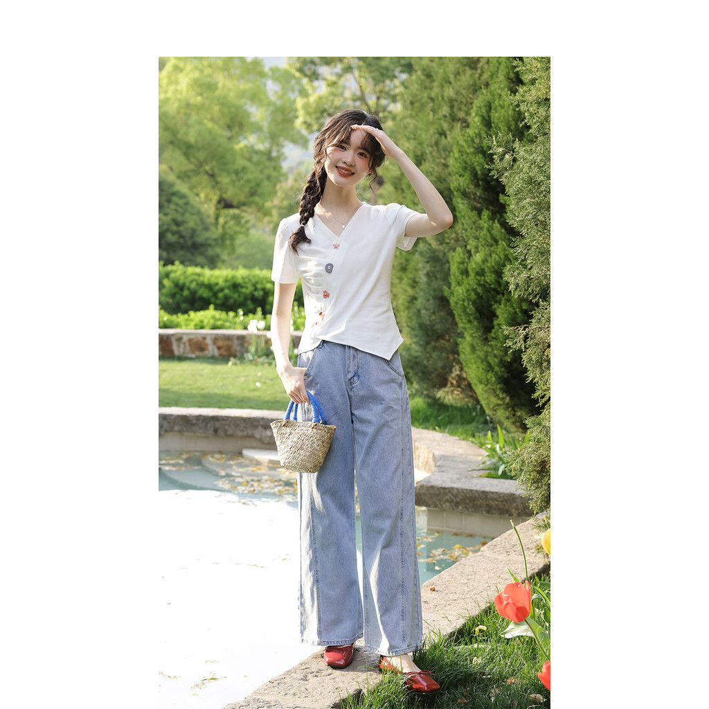 Mutu Áo Thun Nữ Phong Cách Hàn Quốc Xếp Ly Cổ Chữ V, Slim-Fit, Thích Hợp Mùa Hè