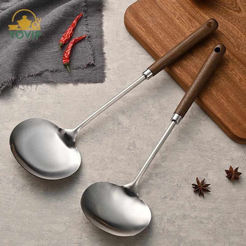 YOVIP Chảo Inox Thìa Nấu Ăn Cụ Thể Đầu Bếp Bằng Gỗ Tay Cầm Dài Nấm Xẻng Nhà Bếp Dụng Cụ Nấu Ăn VN