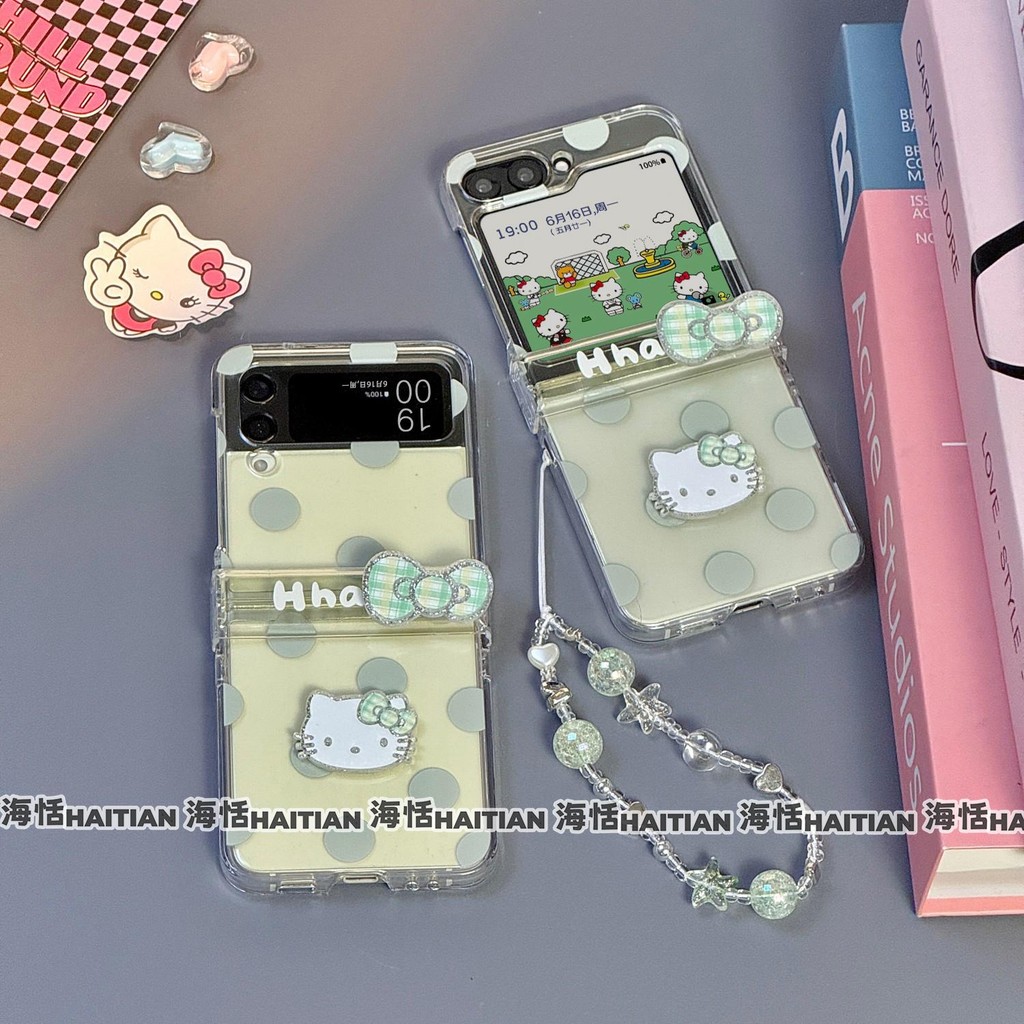 Ốp Điện Thoại Thích Hợp Cho Samsung Galaxy ZFlip7 Mới Màu Xanh Lá Cây Chấm Bi KT Vòng Tay Mèo Gấp Vỏ Cho ZFlip 7 6 5 4 5G N3Flip MixFlip Dây Bảo Vệ