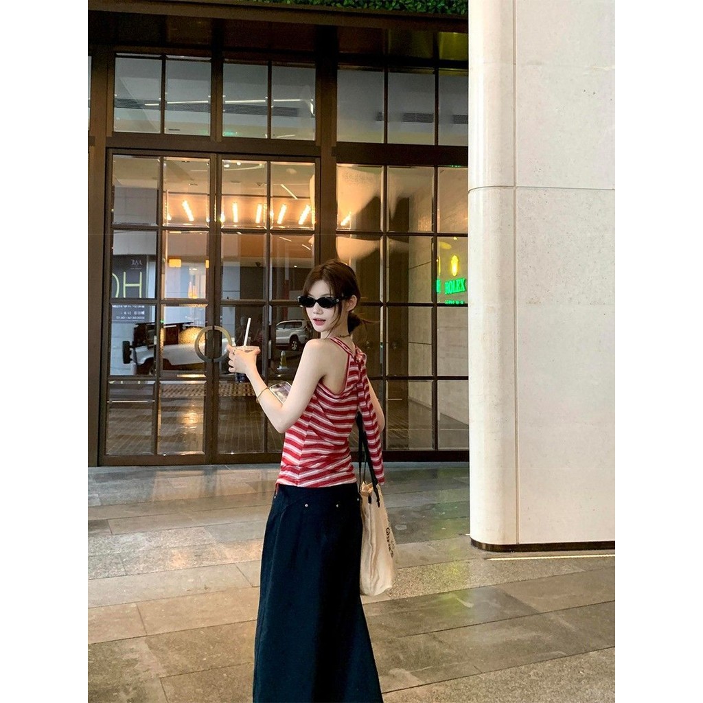 Sling Nữ Retro Sọc Đỏ Cổ Dây Gợi Cảm Mỏng Độc Đáo