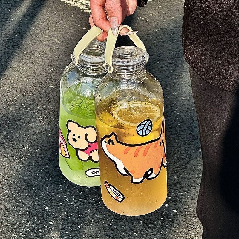 Bình Nước Nhựa Trong Suốt Kèm Sticker, Bình Đựng Nước 1L Có Quai Xách Tiện Lợi Mang Đi Học Làm dinohome