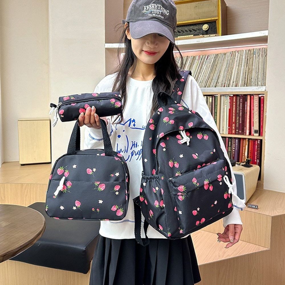 HOBBYIN Túi đi học HOBBYIN, Ba lô dâu vải có thể điều chỉnh, Phong cách Preppy dễ thương với túi đựng đồ ăn trưa & bút chì Ba lô du lịch dung tích lớn dành cho nữ sinh viên