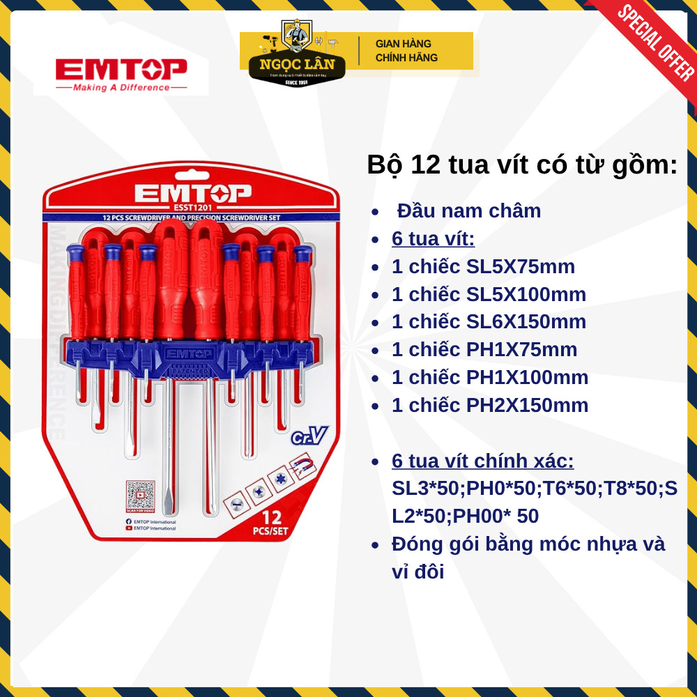 [Chính hãng] Bộ tua vít 12 tua vít EMTOP tua vít chính xác thép CRV có từ tính cao cấp