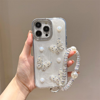 Sang Trọng 3D Ngọc Trai Kim Cương Bướm Wrsit Dây Xích Màu Trắng Epoxy Ốp Lưng Điện Thoại iPhone 16Promax 12 13 14 15 Promax 11 16Plus Chống Sốc Nữ Điện Thoại Di Động