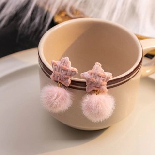 Bông tai lông bóng hình trái tim và ngôi sao, thiết kế sang trọng