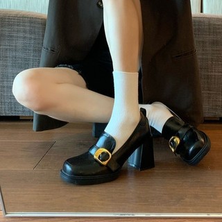 Loafers nữ mũi vuông, gót dày, phong cách Anh, da nhỏ, slip-on Mary Jane