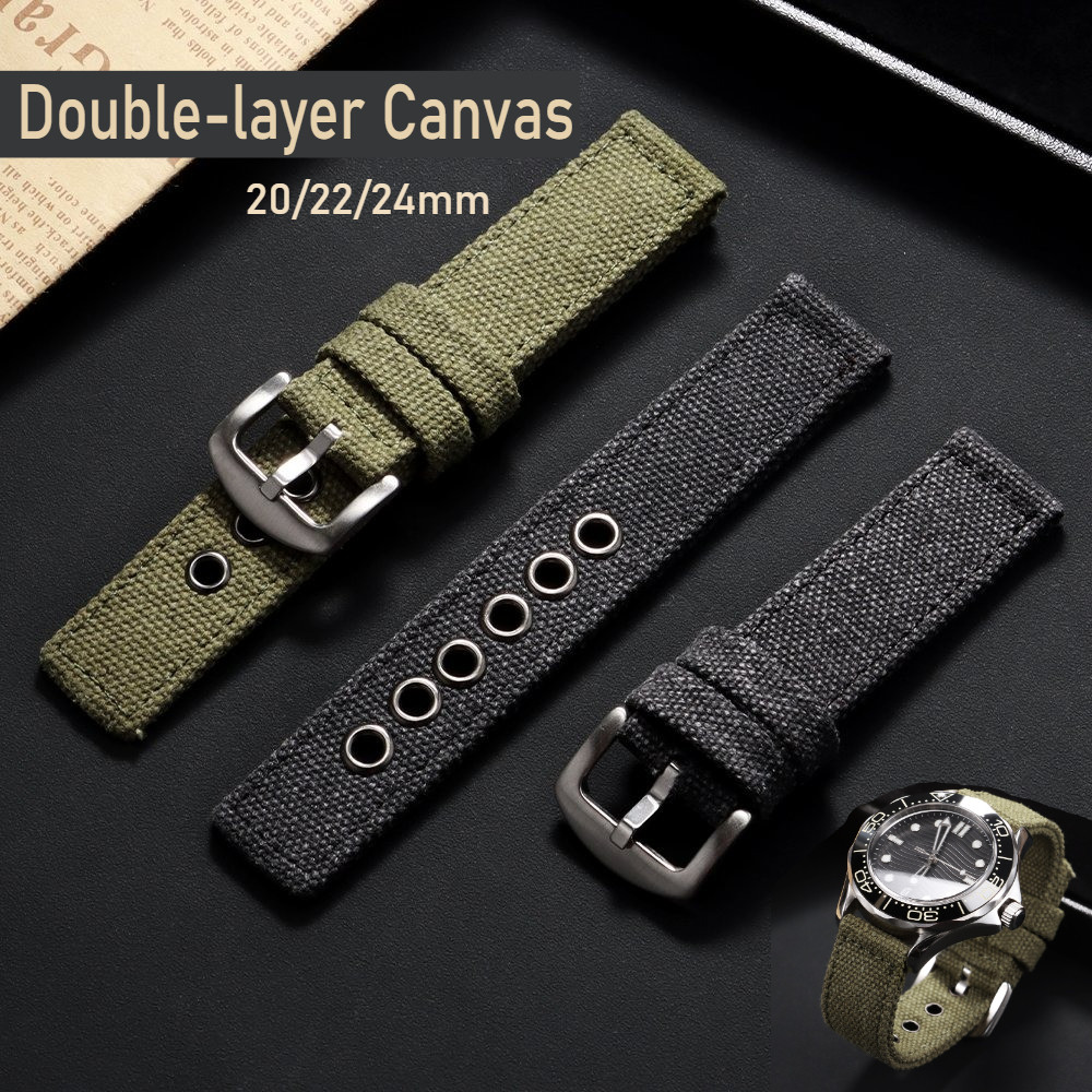 Dây đeo đồng hồ nylon vải hai lớp dày 20mm 22mm 24mm Dây đeo đồng hồ nylon phổ thông bền bỉ dành cho nam nữ Vòng đeo tay bằng vải dệt Dây đeo đồng hồ thể thao màu đen xanh lá cây