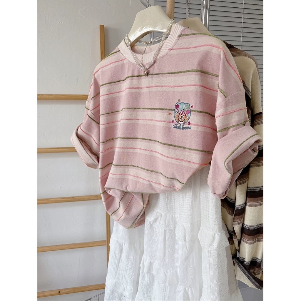 SUXI Áo thun Cotton sọc màu hồng Áo thun nữ tay ngắn thêu