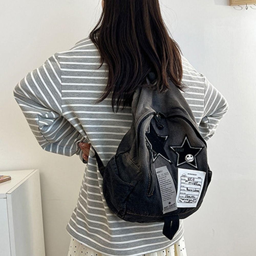 Ba lô đi học HIGHVIEWLS, Ba lô ngôi sao Denim họa tiết ngôi sao dung tích lớn, Túi đeo vai đôi Unisex Y2K thời trang phù hợp ngoài trời
