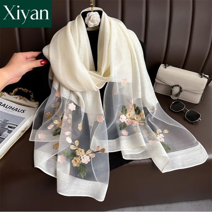 khăn choàng thêu thời trang mới dành cho nữ khăn lụa khăn đi biển khăn choàng chống nắng khăn quàng cổ nữ