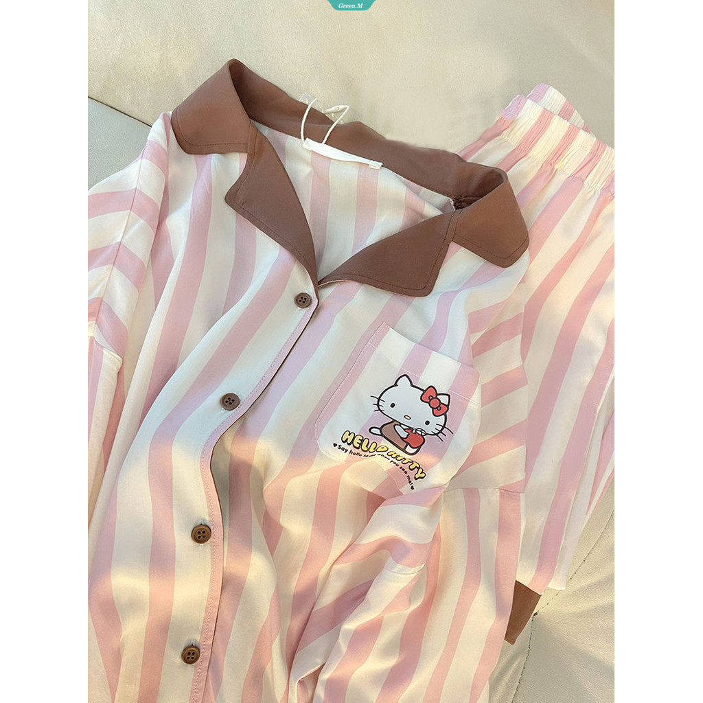 Phiên Bản Hàn Quốc Của Bộ Đồ Ngủ Hello Kitty Sọc Nữ Xuân Thu Mới Quần Dài Tay Nữ Mặc Ở Nhà Phù Hợp Với