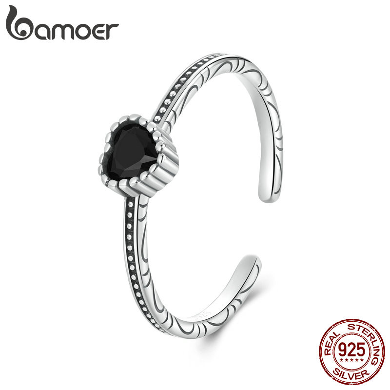 Bamoer 925 Sterling Sliver Nhẫn Có Thể Điều Chỉnh Trái Tim Đen Trang Sức Thời Trang Quà Tặng Cho Nữ