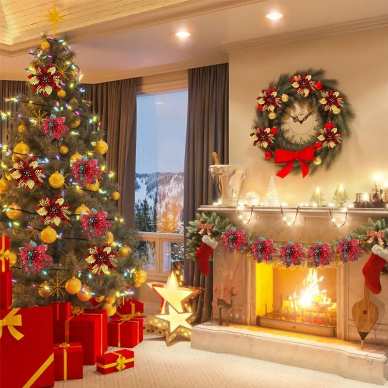Mô Phỏng Vải Kẻ Sọc Họa Tiết Hoa Mạ Vàng Giáng Sinh Cây Giáng Sinh Nhánh DIY Trang Trí