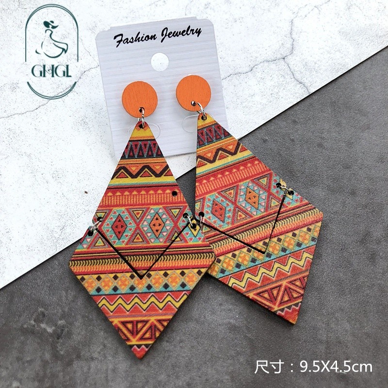 Bông tai gỗ Bohemian nguyên bản cho bé gái, hình học in phóng đại, phù hợp kỳ nghỉ, sang trọng