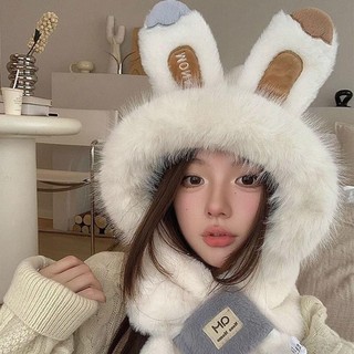 Jkdesign Mũ dày, Mũ khăn quàng cổ sang trọng chống gió, Tai thỏ bảo vệ tai dễ thương Mũ quàng cổ sang trọng Thu đông