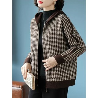 Hàn Quốc Houndstooth Áo Khoác Nữ Thu Đông Phong Cách Mới Mẹ Thời Trang Thường Ngày Có Mũ Trùm Đầu Giảm Tuổi Top Xuân Thu Có Mũ Trùm Đầu