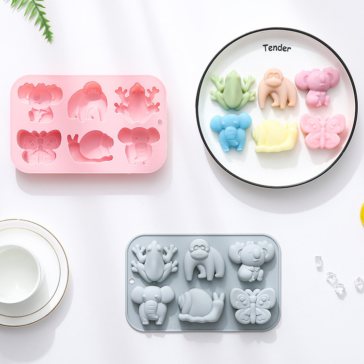 6 Khoang Động Vật & Côn Trùng Khuôn Silicon Ếch, Voi, Bướm, Koala, Orangutan, Trang Trí Bánh, Socola, Epoxy