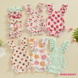 Mg-baby Girls Romper Body và Băng Đô Dâu / Hoa / Anh Đào In Bay Tay Frills Trẻ Sơ Sinh Áo liền quần Quần Áo Mùa Hè