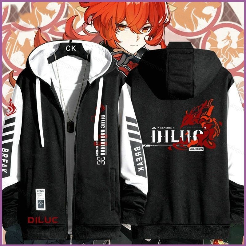 5y Genshin Tác Động Trò Chơi Diluc Áo Khoác Dây Kéo Áo Khoác Áo cardigan Áo Len Unisex Dài Tay Top Cosplay
