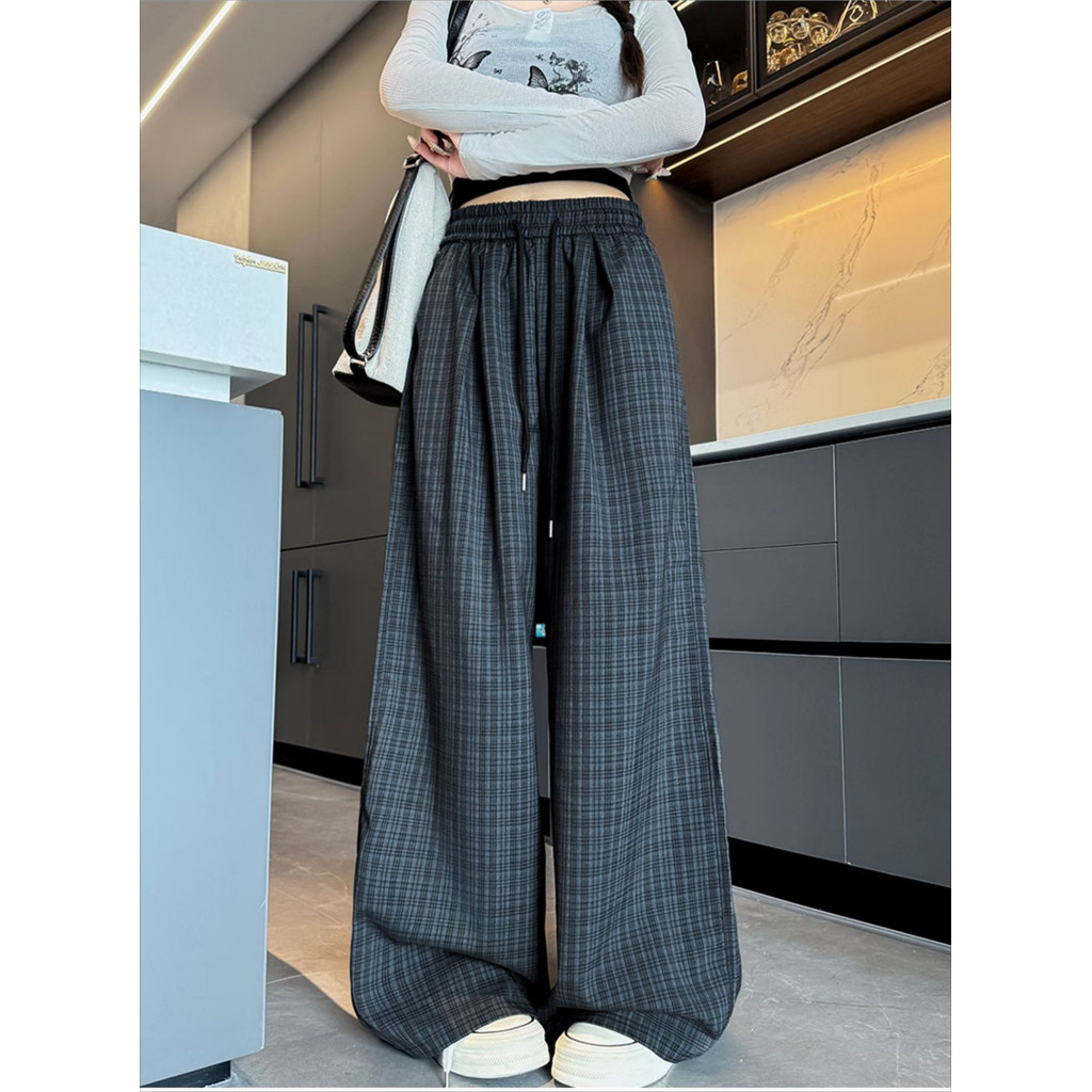 Suxi Thu Đông Mới Retro Ca rô Drape Quần ống rộng eo cao Quần thẳng nữ 240911