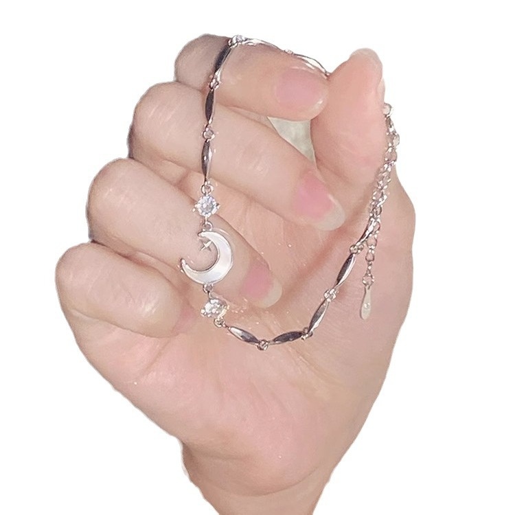 Thời trang S925 Bạc Sao Mặt Trăng Vòng Tay Nữ Tinh Tế Đơn Giản Có Thể Điều Chỉnh Vòng Tay Kim Cương
