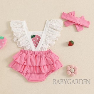 / / -Bộ Áo liền quần in hình kẻ sọc ngắn tay phồng mùa hè cho bé gái sơ sinh có băng đô Quần áo trẻ sơ sinh