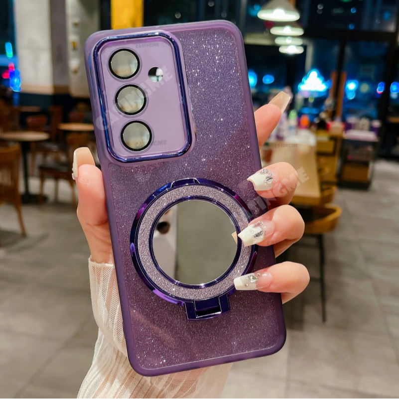 Samsung S24 FE 2024 Gương Giá Đỡ Từ Tính Vỏ Lấp Lánh Cho Samsung Galaxy S24FE S 24 FE S24 Plus Ultra 4G 5G Bao Camera Vỏ Điện Thoại Chống Ốp Lưng Mềm Bảo Vệ Ống Kính