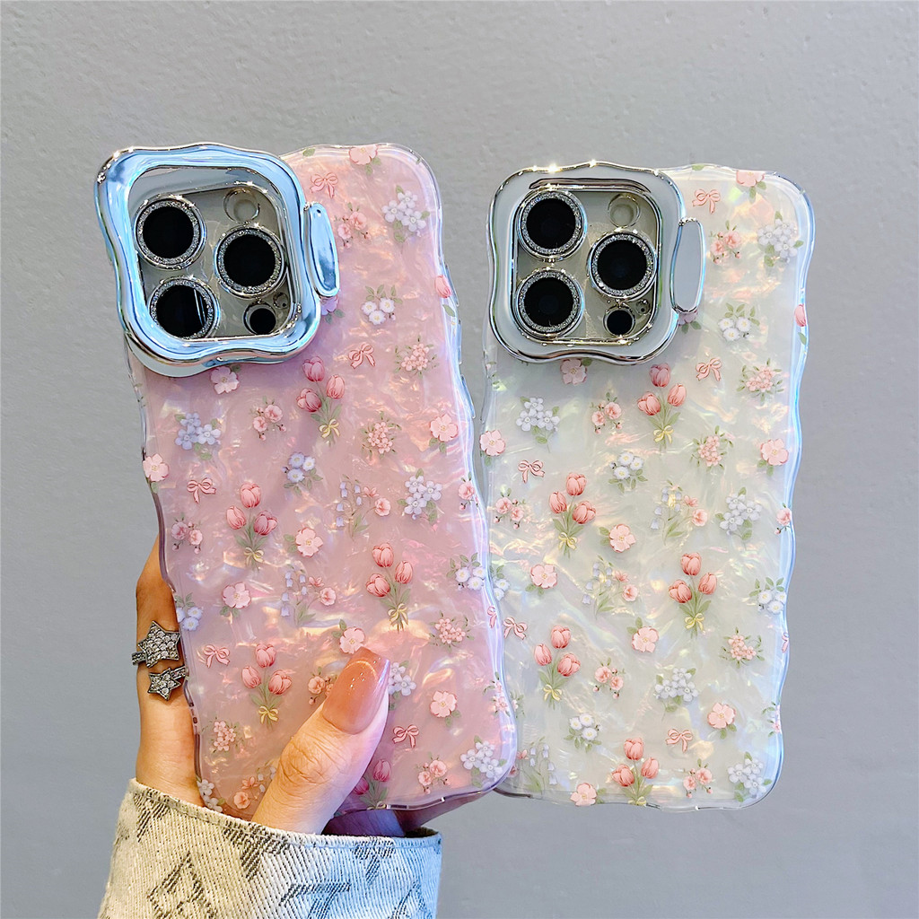 Dành Cho iPhone 16 Pro Max 15 14 Plus 16Pro Tulip Vỏ Hoa Nhỏ Họa Tiết Vỏ Điện Thoại Có Giá Đỡ Chức Năng Vòng Ống Kính Cho iPhone 11 12 13 Pro Max Silicon Mềm Chống Sốc